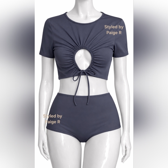 💕NWT SKIMS Ruched front Short Sleeve Swim Shirt Mid waist Boyshort Gunmetal 4X